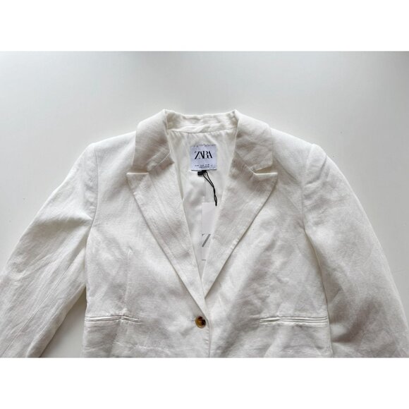 NWT ZARA White Cotton Linen Blend Cropped Single Breasted Blazer, Size M - Picture 7 of 16
